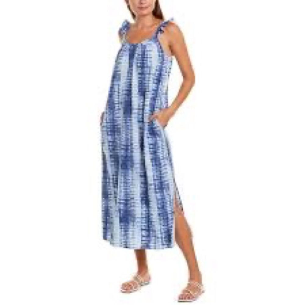 Vince Camuto Womens  Ruffle Strap Linen-Blend Dress, Blue